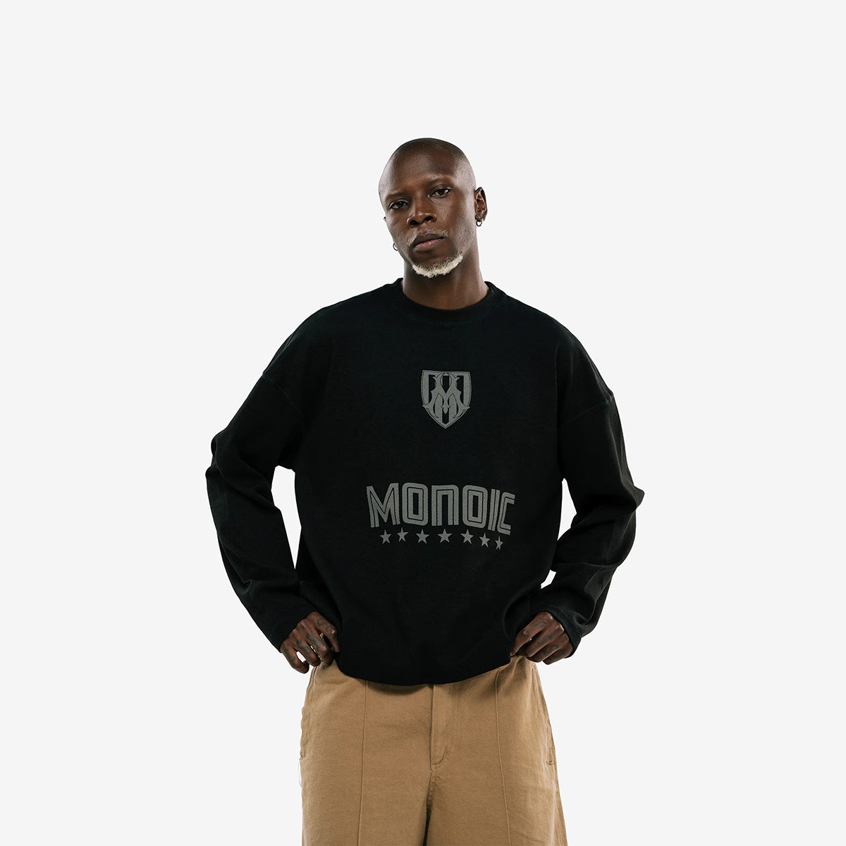 Monoic Camiseta Oversized Shield Waffle Long Sleeve' Negro' (Exclusive)