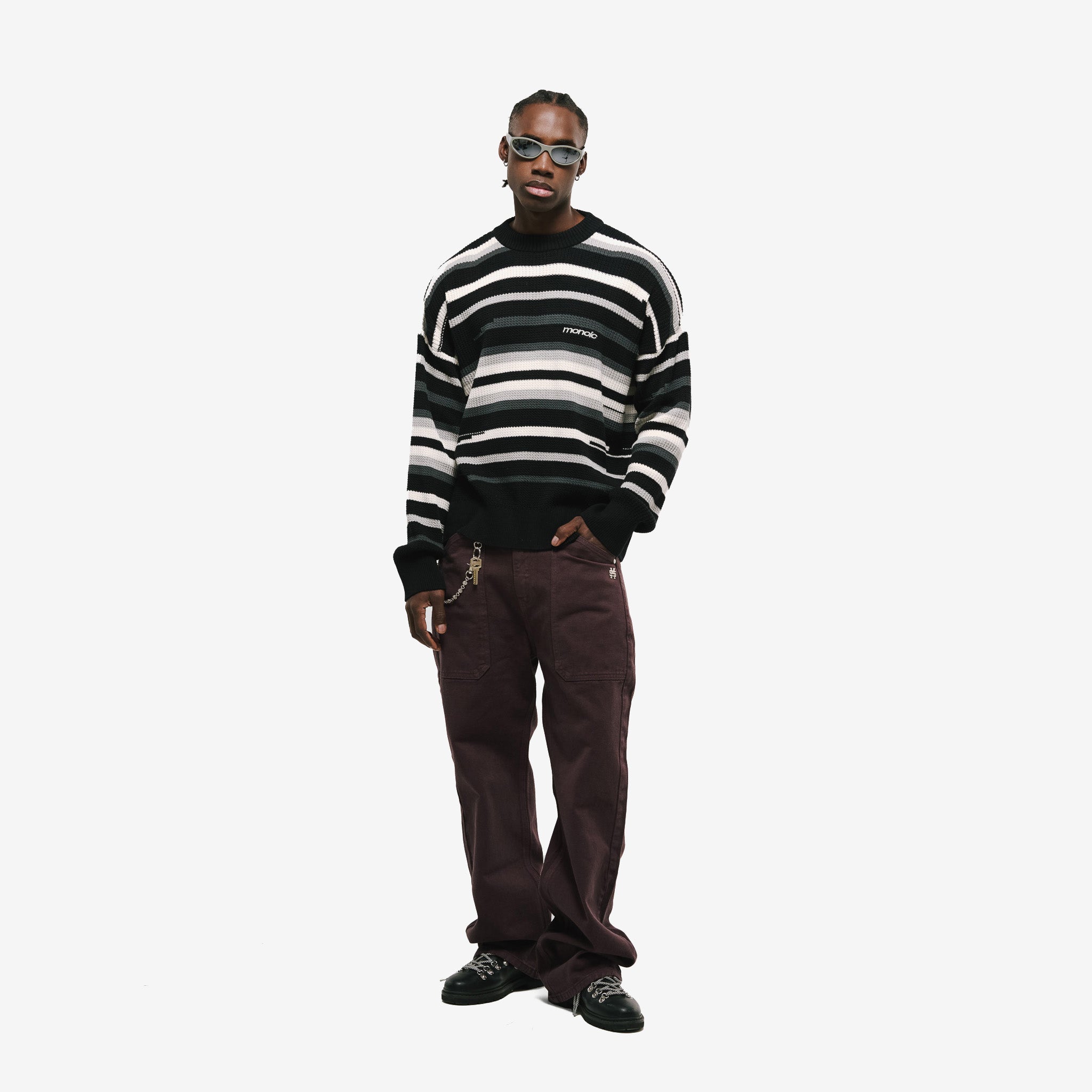 Monoic Striped Knitwear Sweater – Negro, Crema y Gris