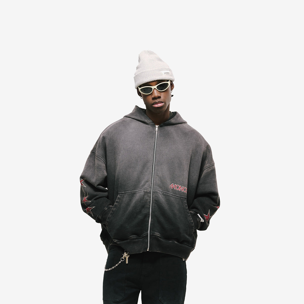 Monoic Zip Hoodie Monoic Records - Negro Desgastado